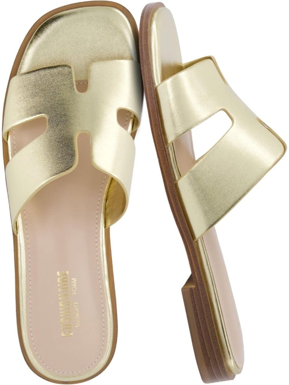 Women's Gold Memory Foam Vegan Leather Cutout Strap Slides Slip On Flat Shoes